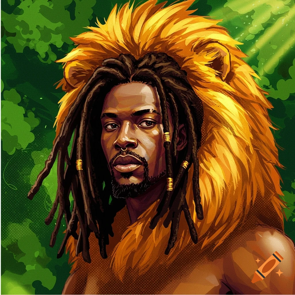 A black man with dreadlocks wearing a lion's mane and hide.