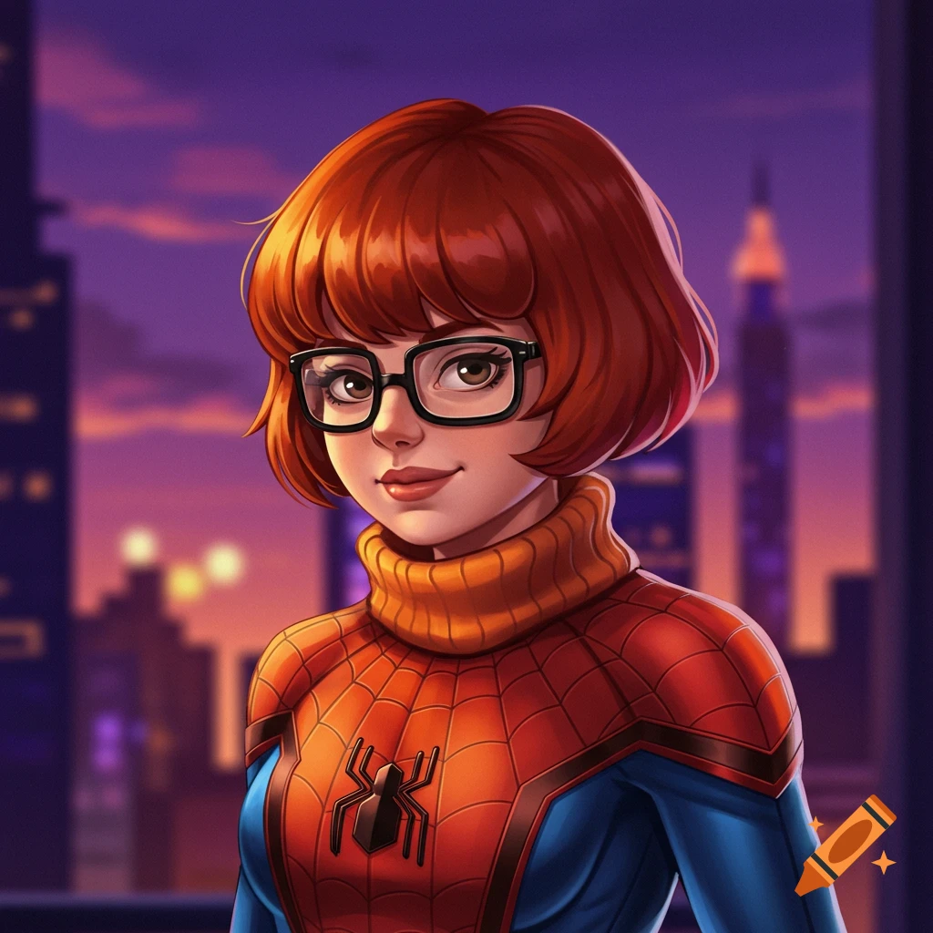 Velma from Scooby-Doo wearing a Spider-Man costume in front of a city skyline.