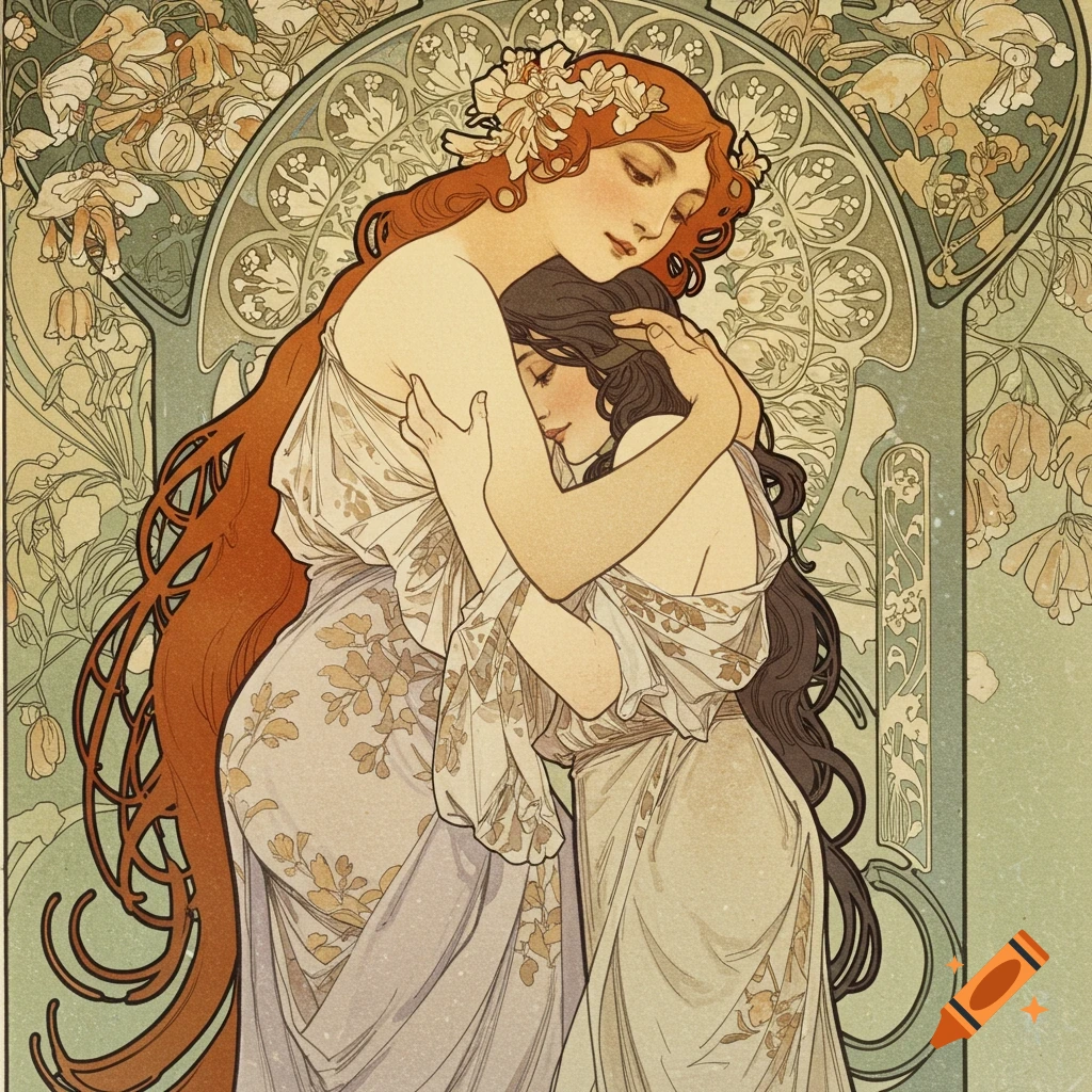 Two women embracing in the style of Alphonse Mucha.