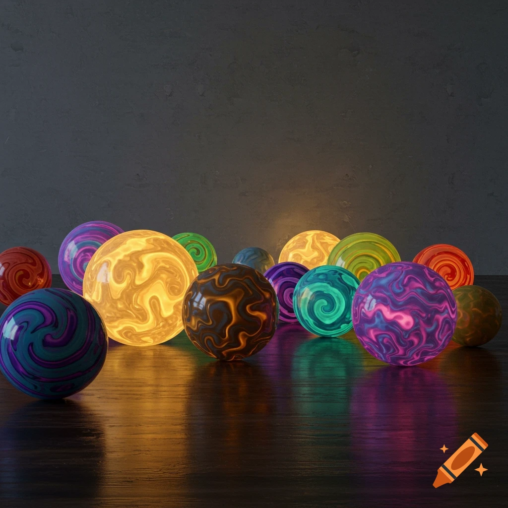 A collection of glowing, colorful orbs with swirling patterns rests on a reflective surface against a dark background.
