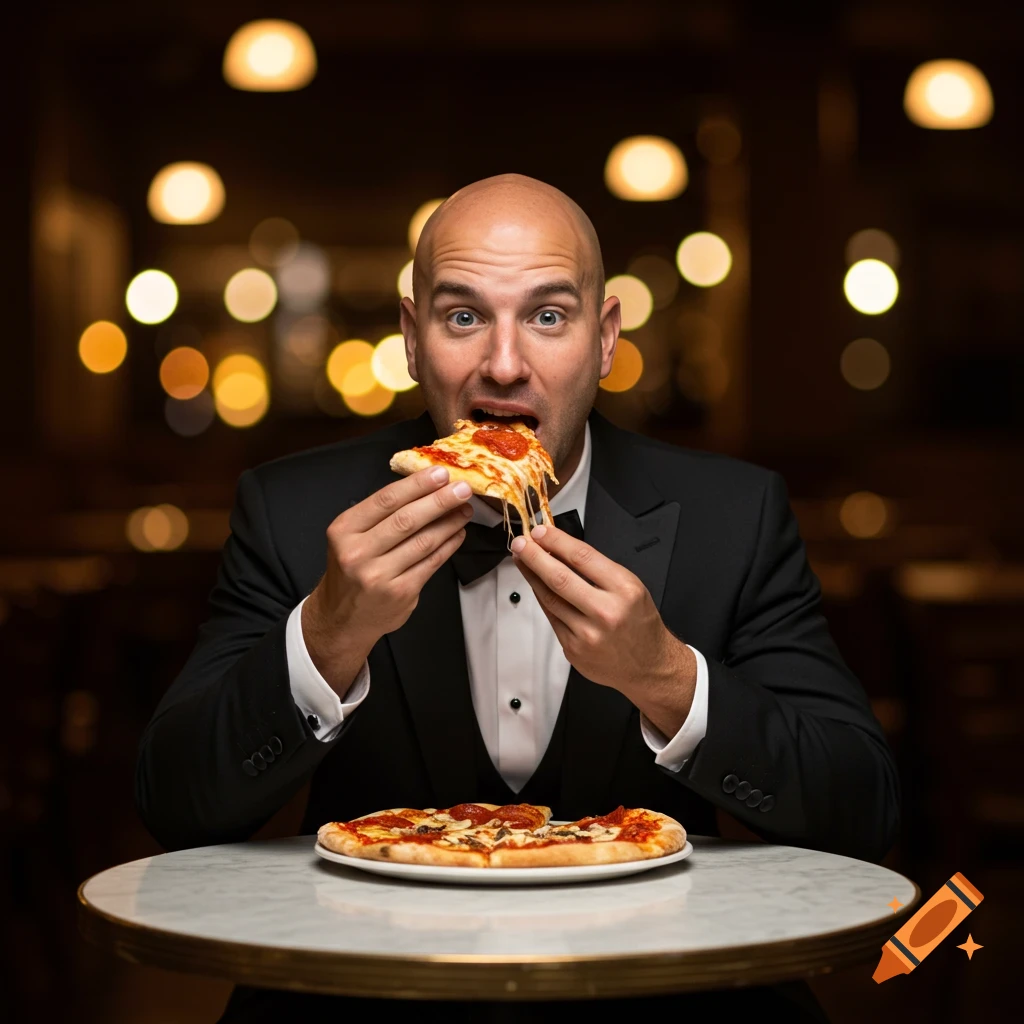 Bald man in a tuxedo eating pizza at a table