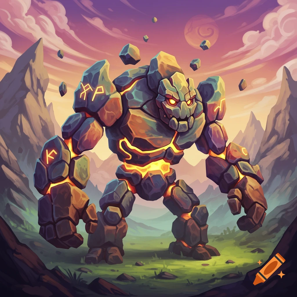 Stylized rock golem monster in a landscape with floating rocks