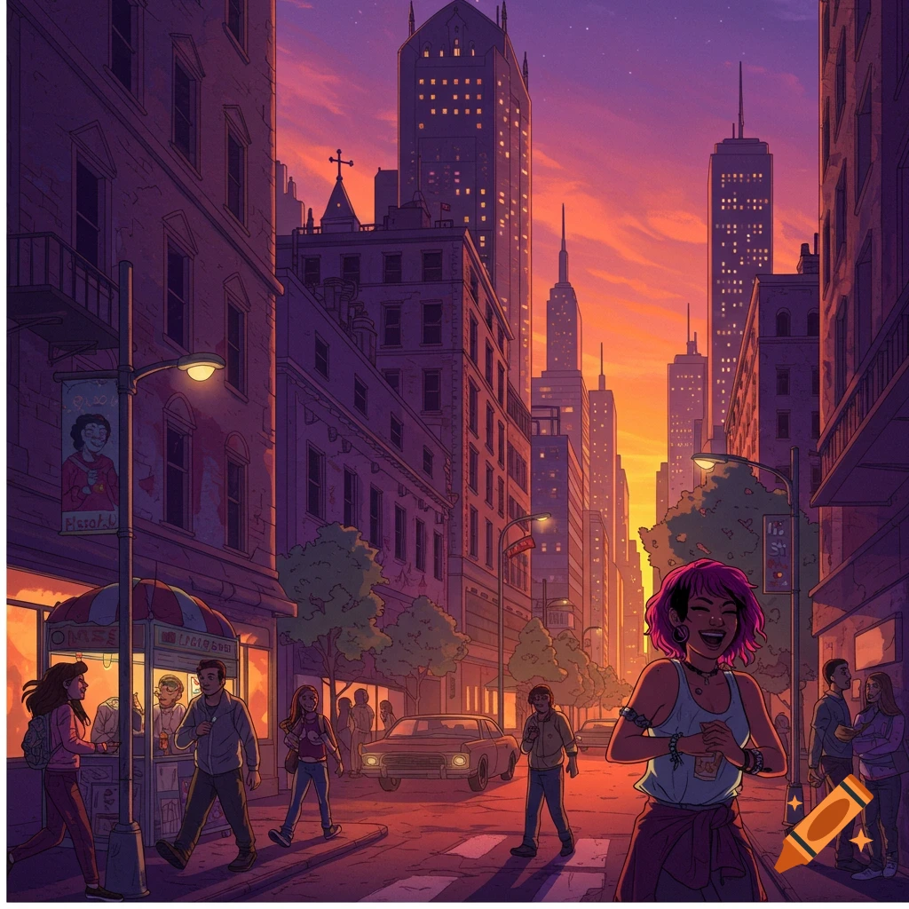 A city street at sunset with people walking and skyscrapers