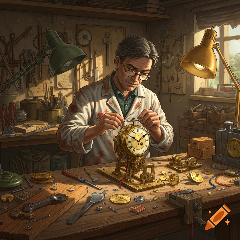 A man in a workshop is repairing an analog clock.