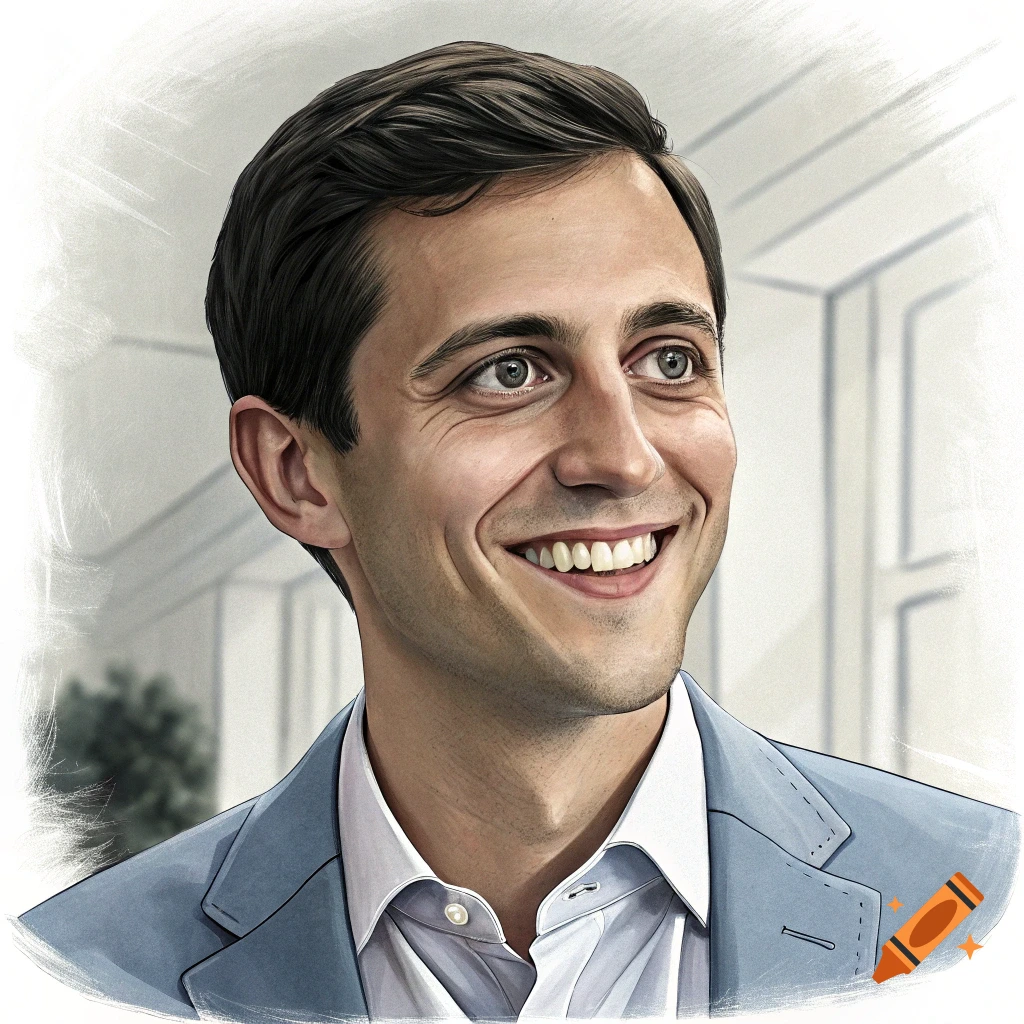 Painted portrait of a smiling man in a blue suit jacket and white shirt.