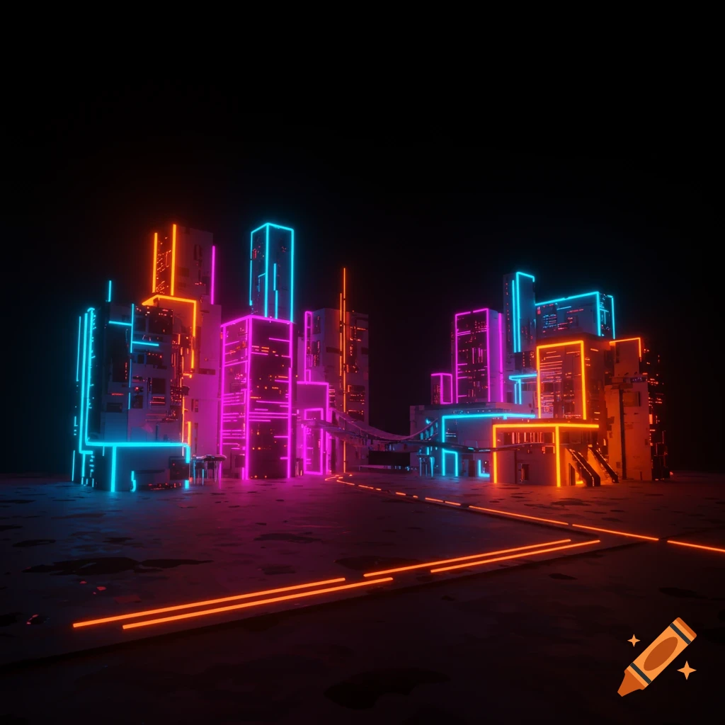 Abstract 3D rendering of a futuristic cityscape at night with neon lights.