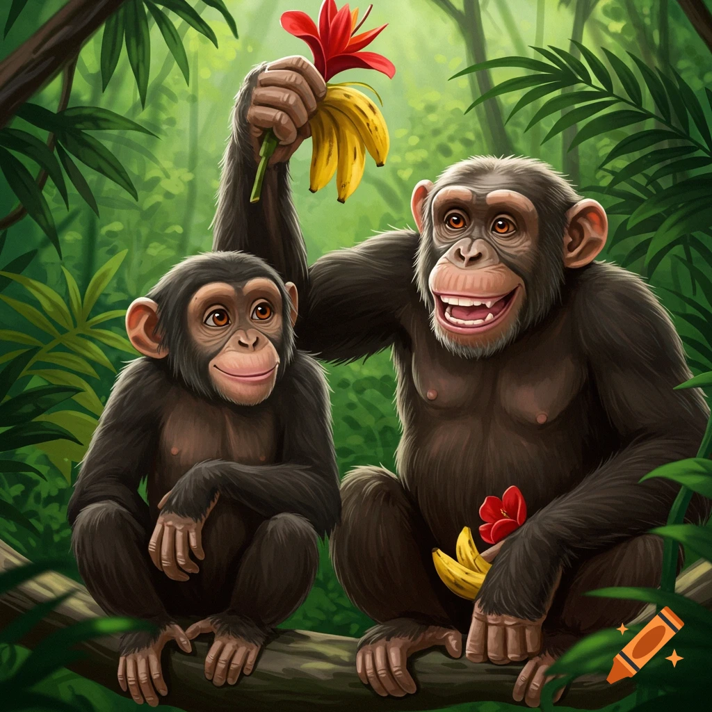 Two chimpanzees are sitting on a branch in a jungle. One of the chimpanzees is holding bananas and a red flower.