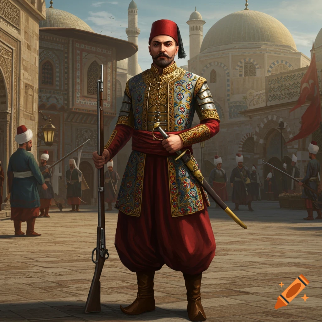 A Janissary soldier in historical attire stands in a courtyard, holding a rifle and a sword.