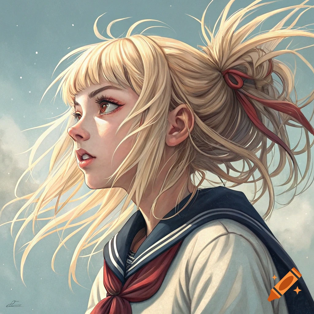 Anime portrait of a young blonde woman in a sailor uniform with a messy ponytail looking to the side.