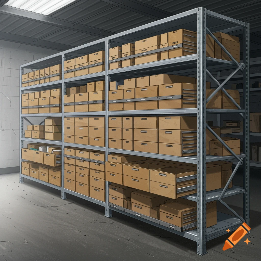 An industrial storage rack system filled with cardboard boxes.