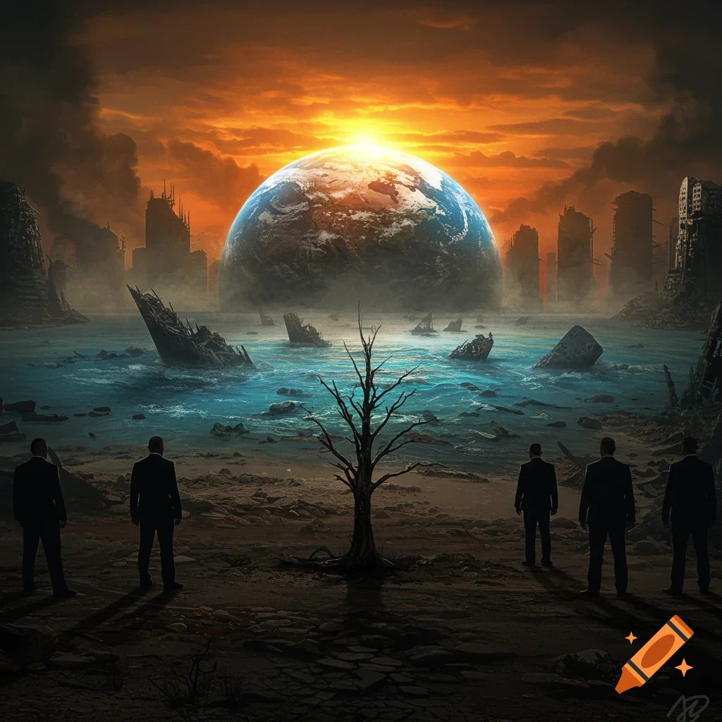Men in suits watch a giant Earth over a destroyed city and coastline at sunset with ruined ships.