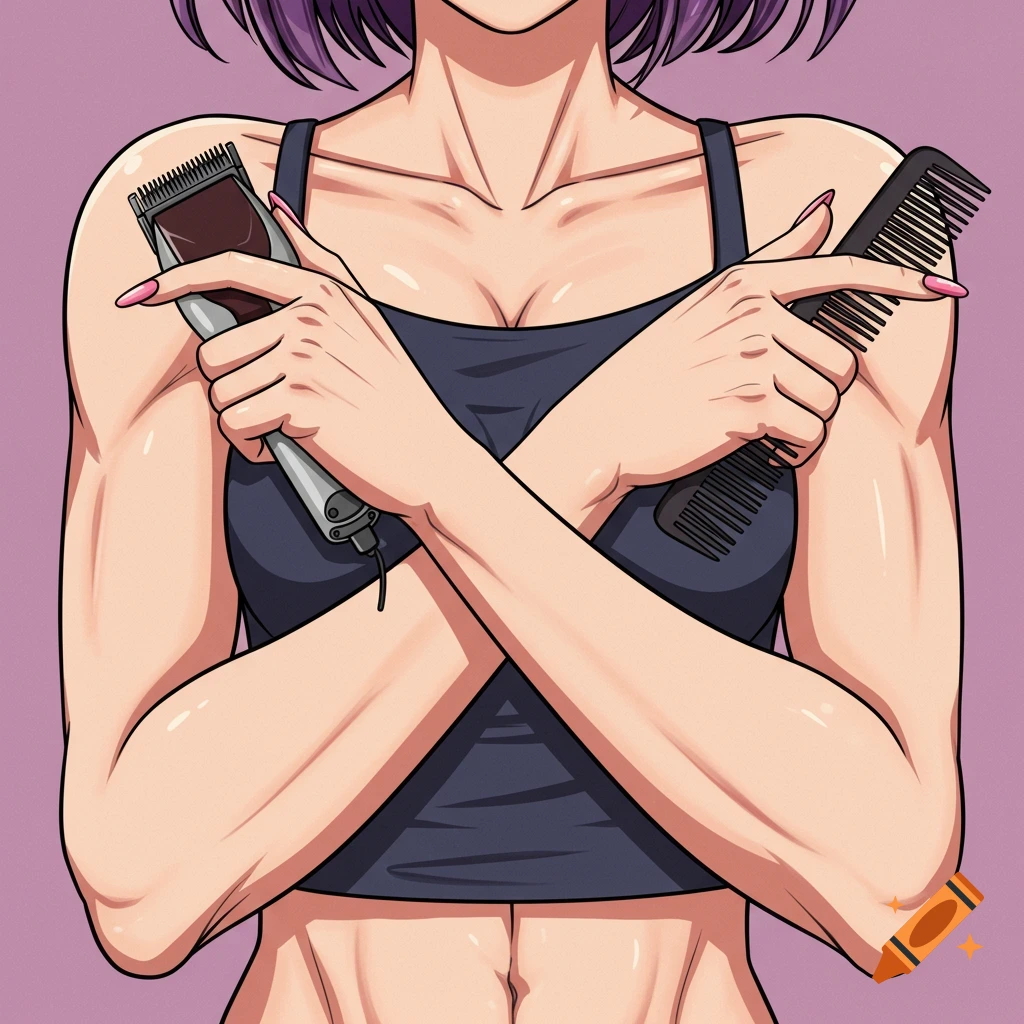 Anime style arms crossed holding a hair clipper and comb