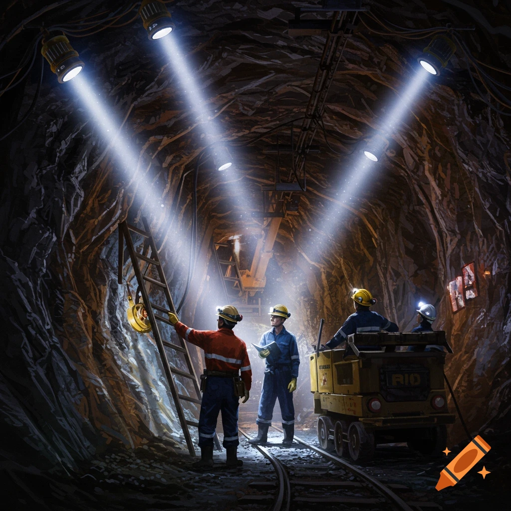 Miners inspecting equipment in a mine tunnel.