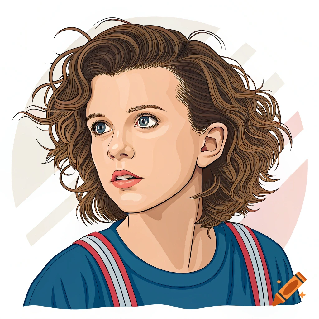 A vector illustration portrait of a young woman with short curly brown hair, wearing a blue shirt with striped straps.