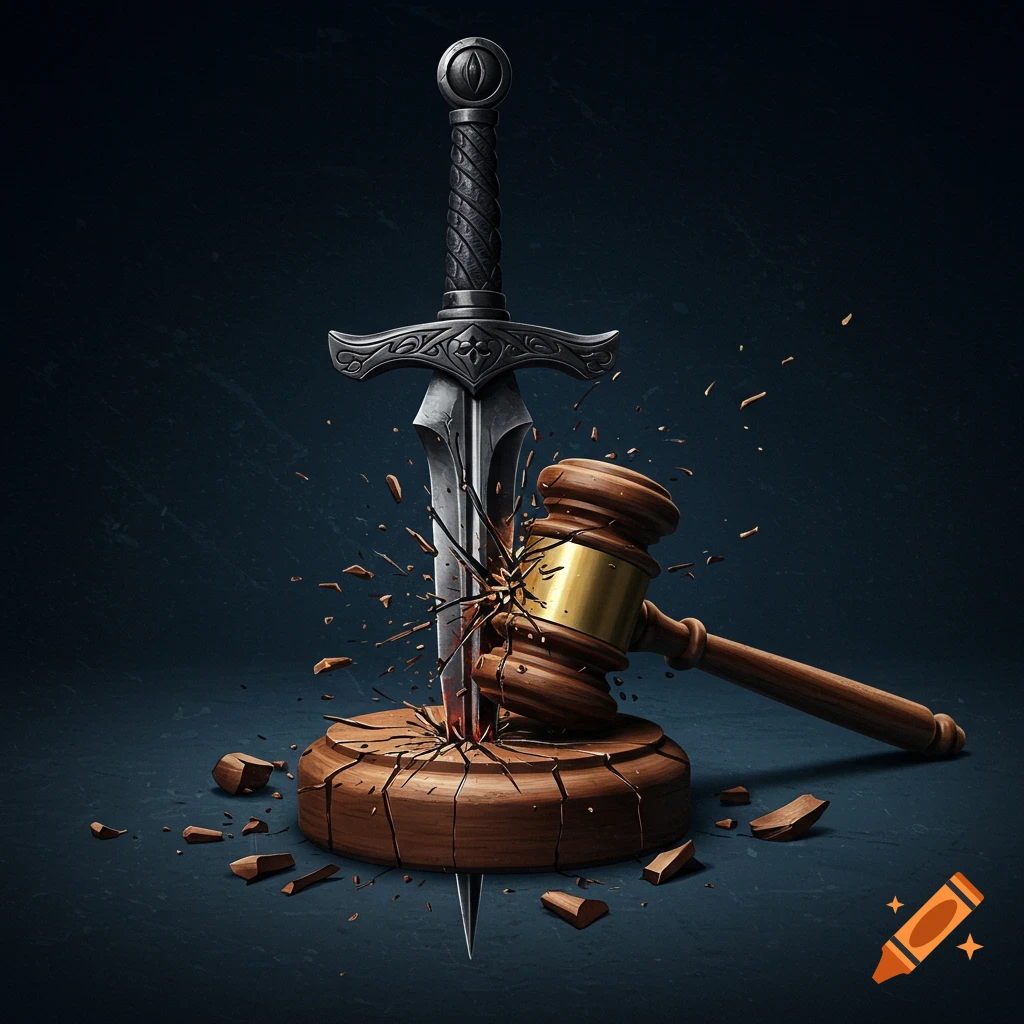 A sword piercing through a gavel base with splinters.