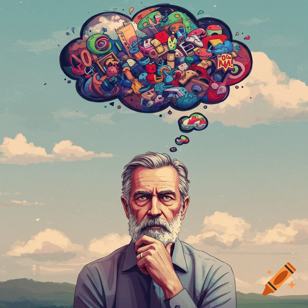 A man thinking with a chaotic thought bubble filled with random objects