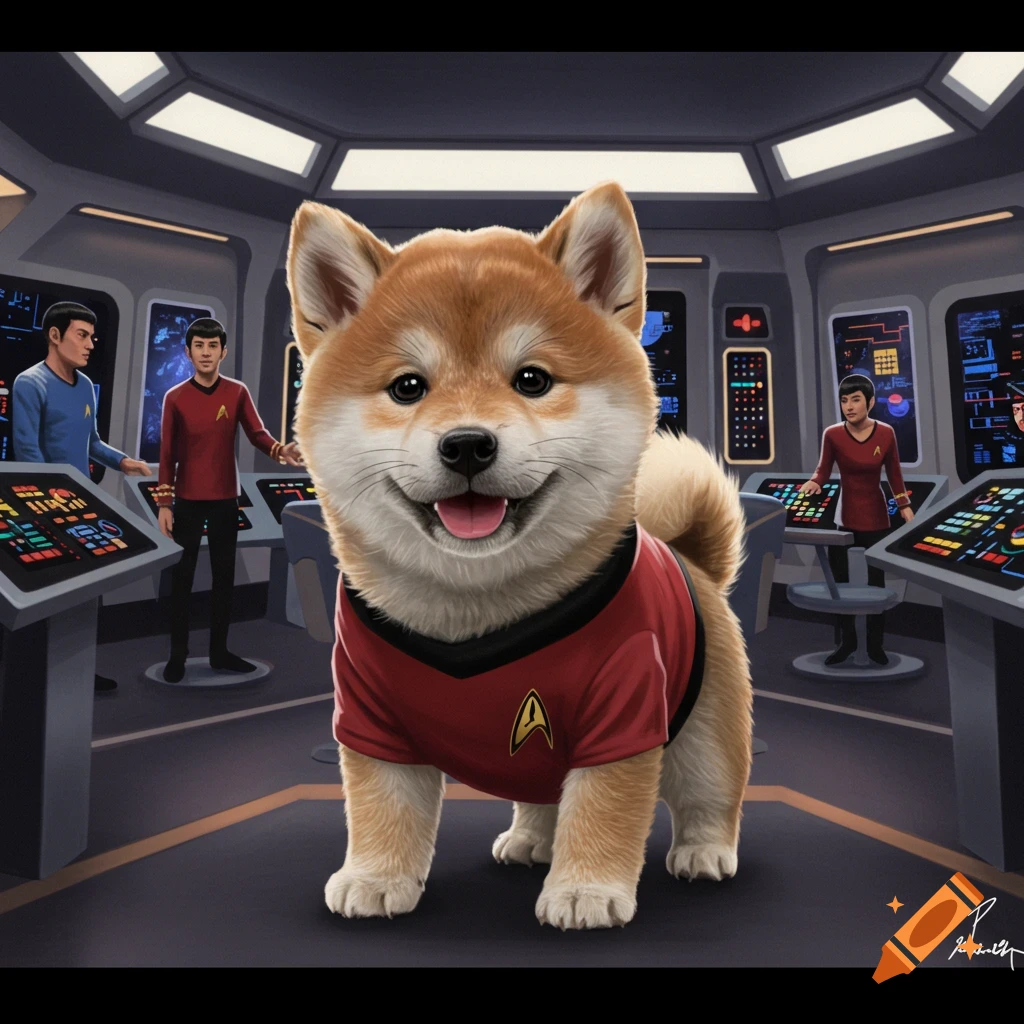 A cute Shiba Inu dog in a Starfleet uniform stands on the bridge of a spaceship with Starfleet crew in the background.