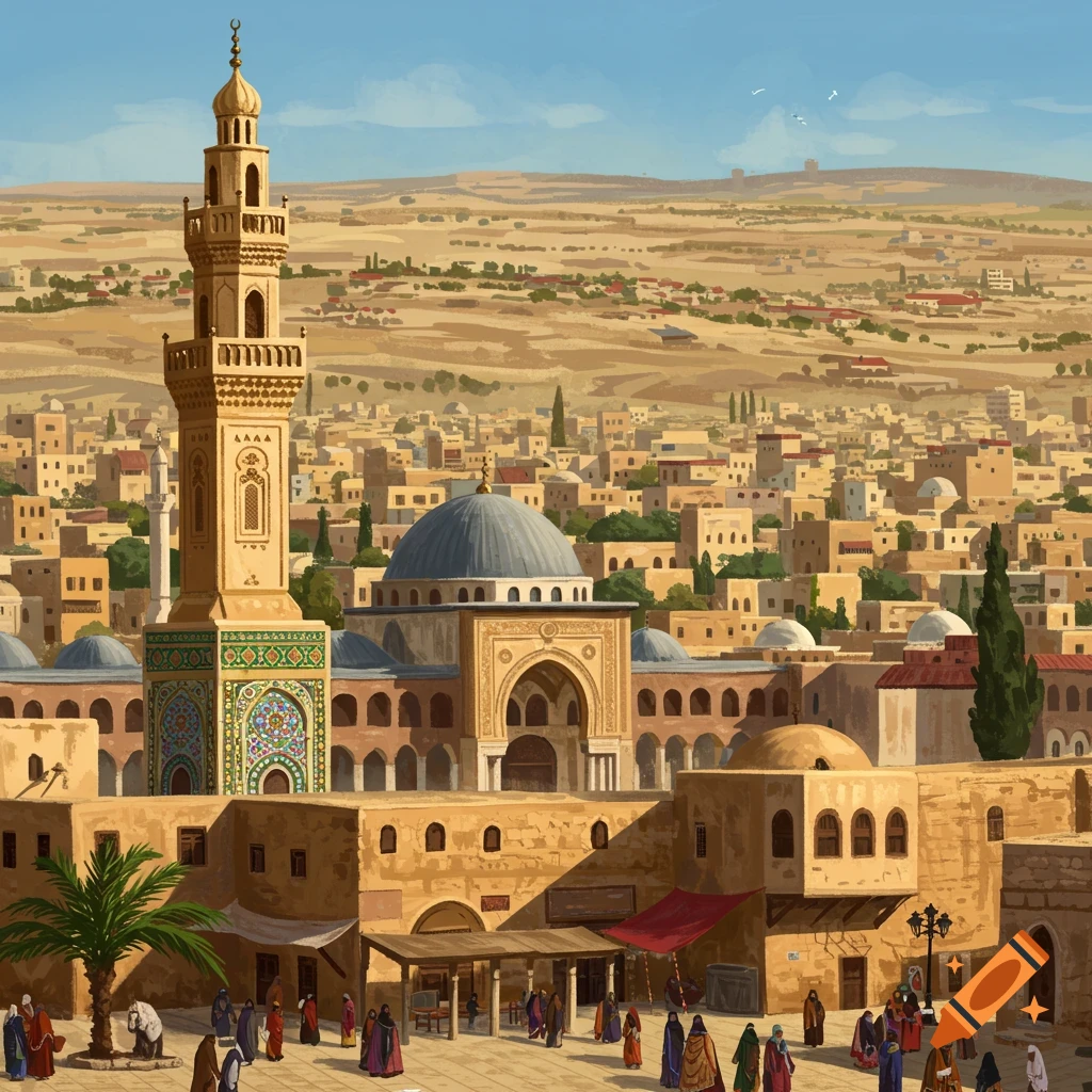 A busy Middle Eastern city with mosque, minaret, and market square under a blue sky.