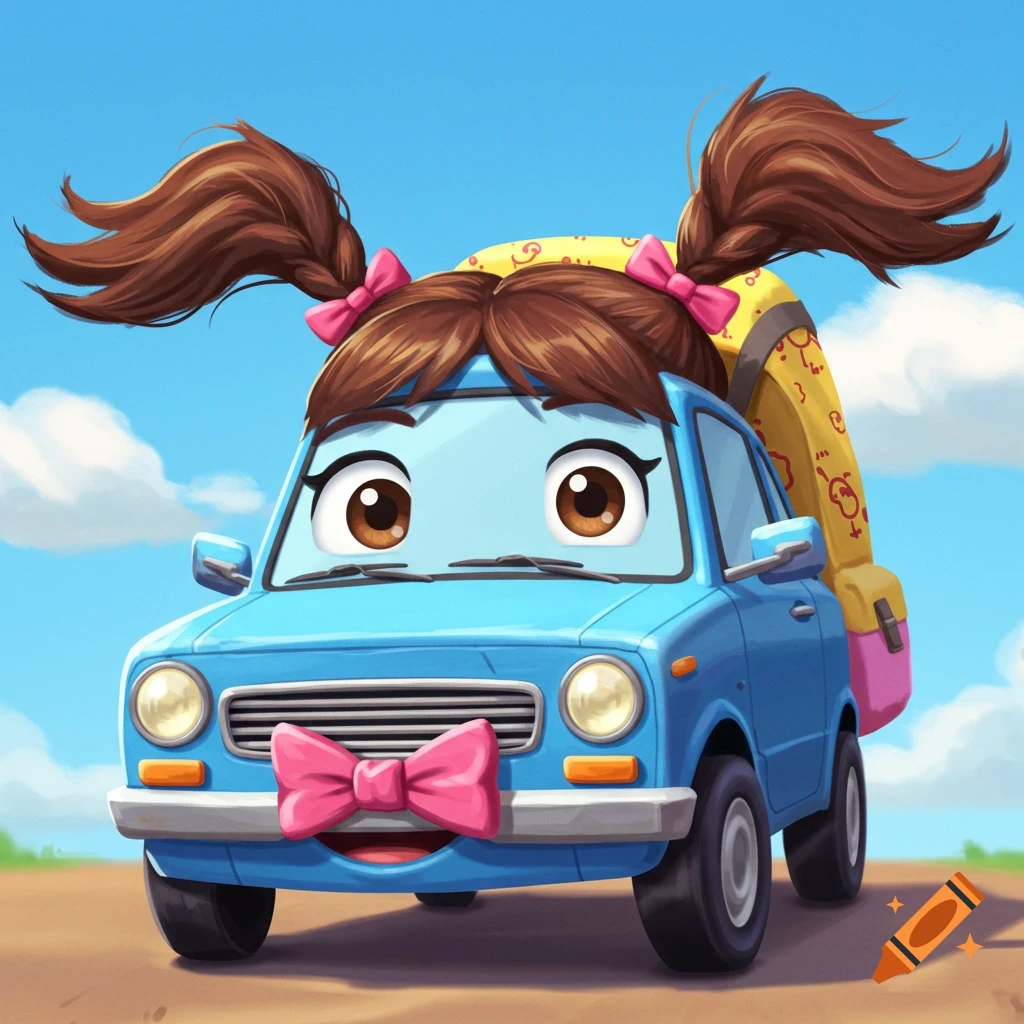 A cartoon blue car with big eyes, pigtails, a pink bow, and a backpack.