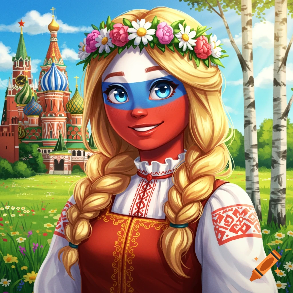 Stylized portrait of a girl with Russian flag face paint in traditional dress, in front of Saint Basil's Cathedral.