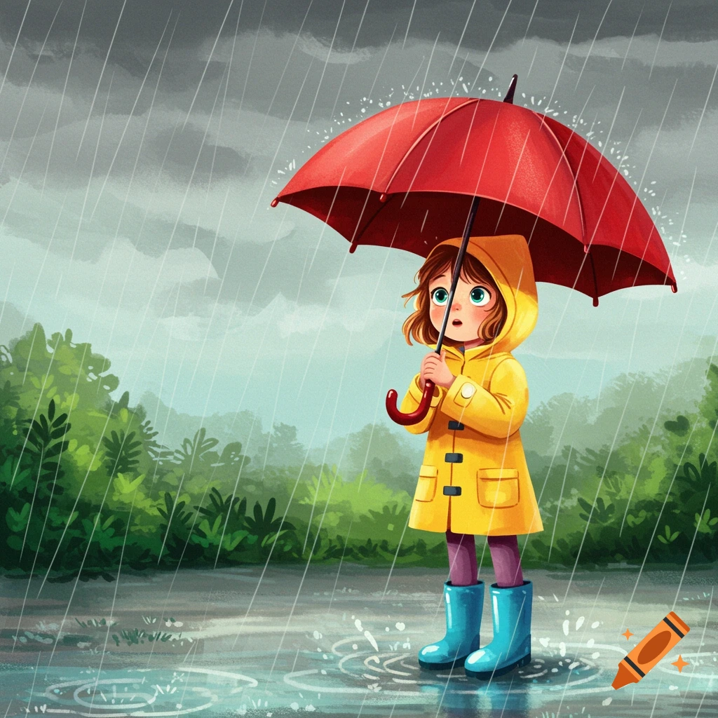 Children's illustration of a girl in a yellow raincoat holding a red umbrella in the rain.