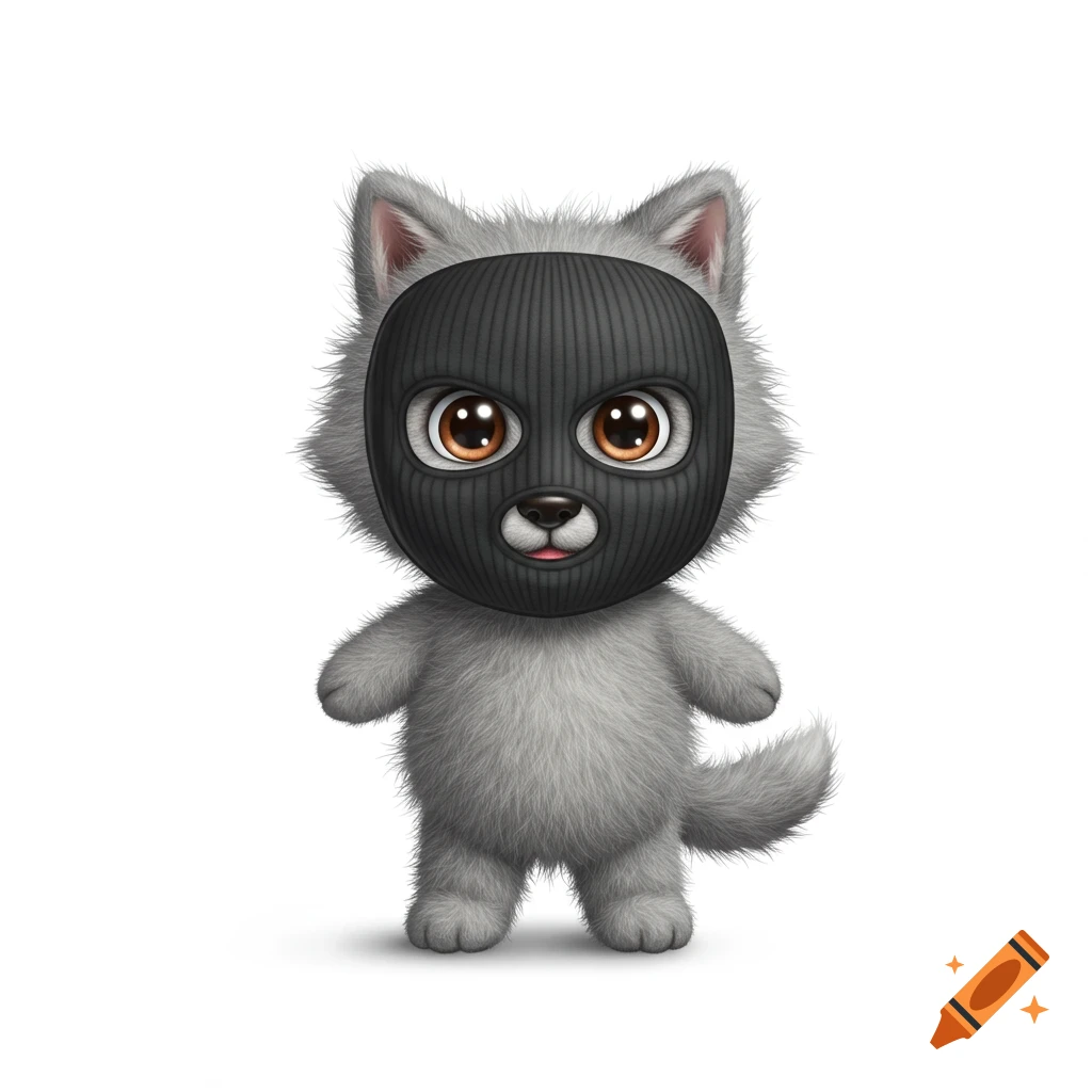 A cute, fluffy grey wolf stands wearing a black ski mask.