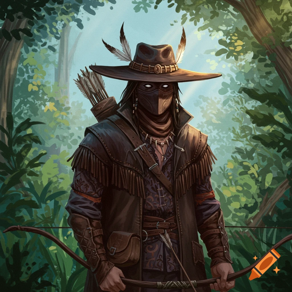 A masked fantasy character is in a forest with a bow and arrow.