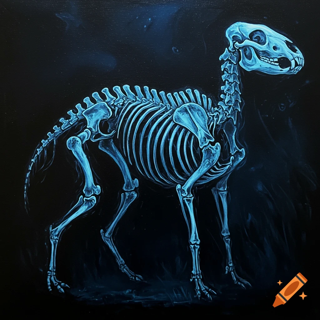 Blue x-ray style rendering of an imaginary animal's skeleton against a black background.