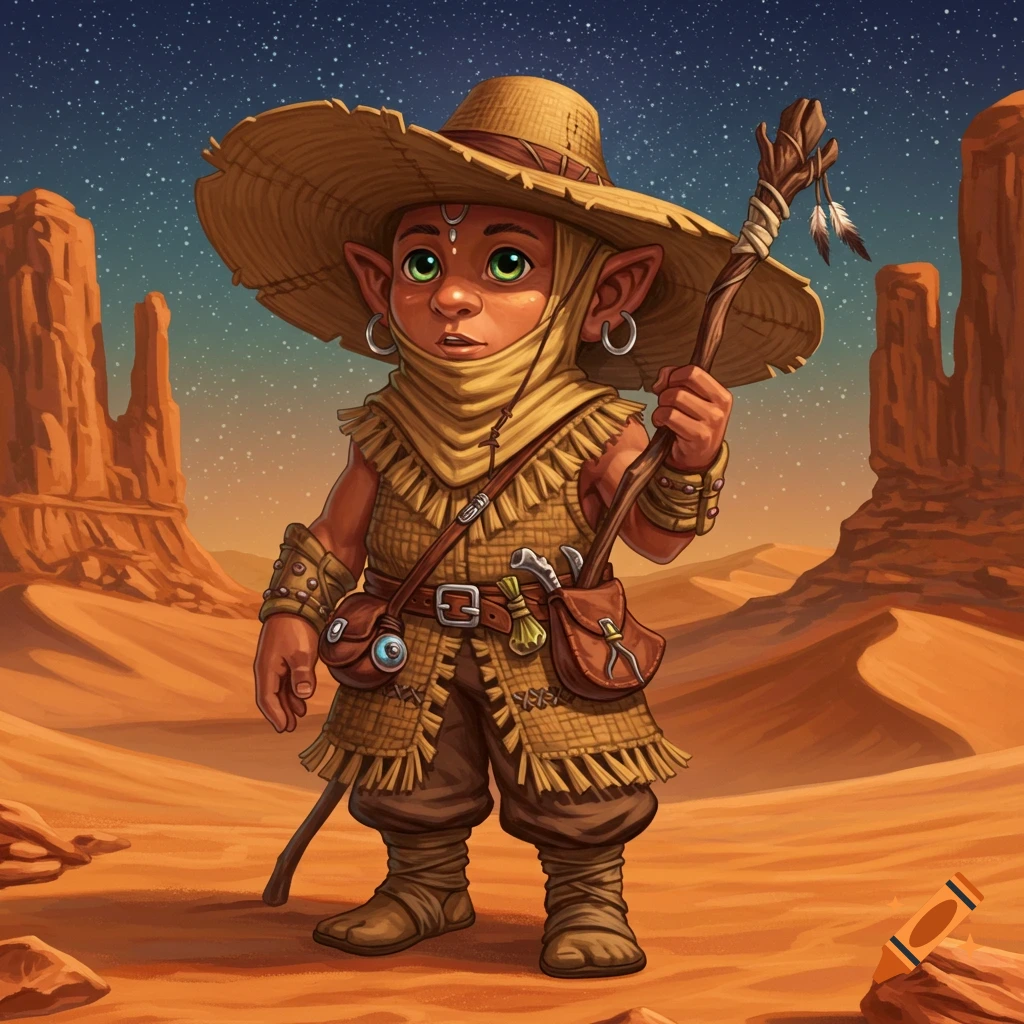 A Dungeons and Dragons desert gnome with a staff and straw hat, standing in a rocky desert under a starry sky.