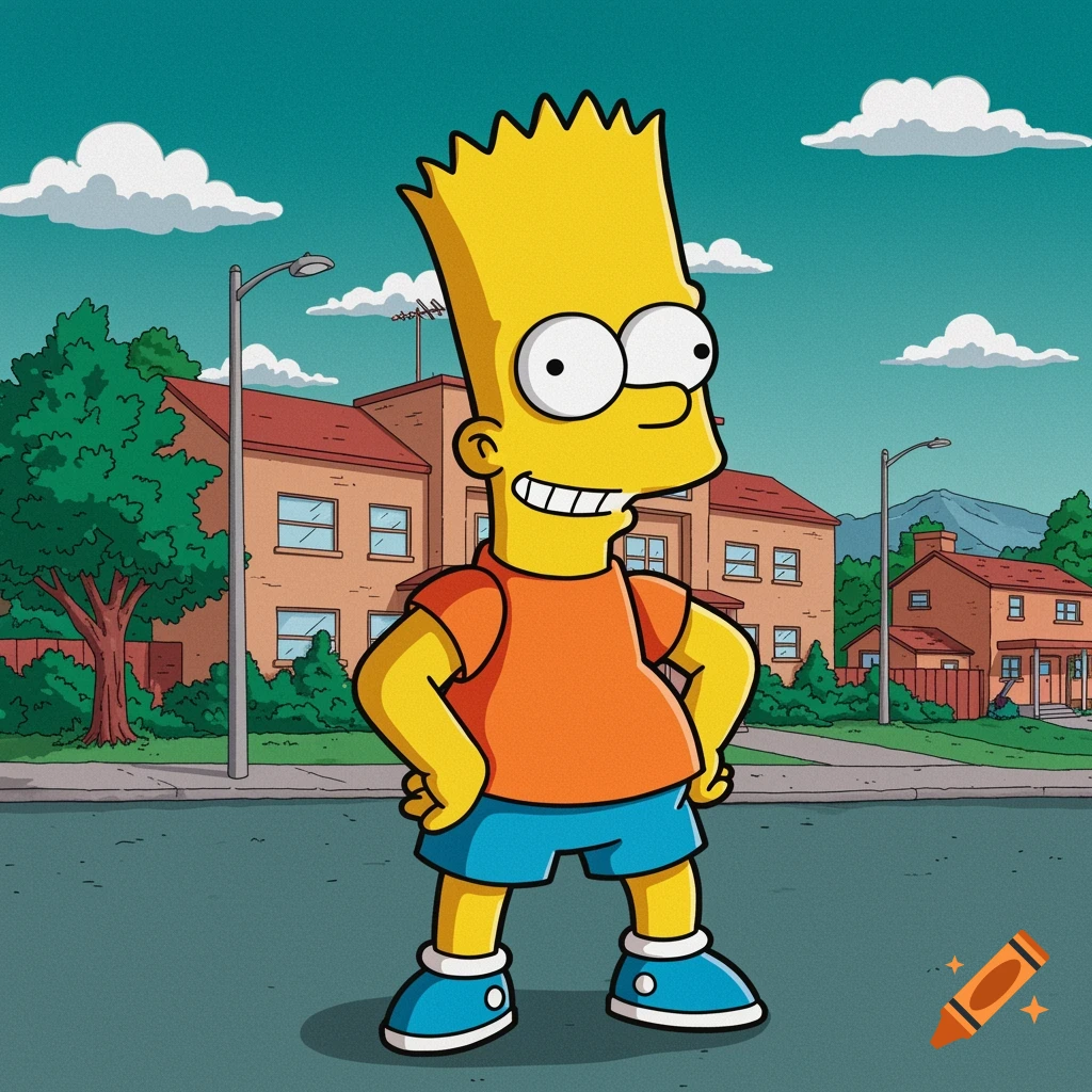Illustration of Bart Simpson standing in the street in his neighborhood.