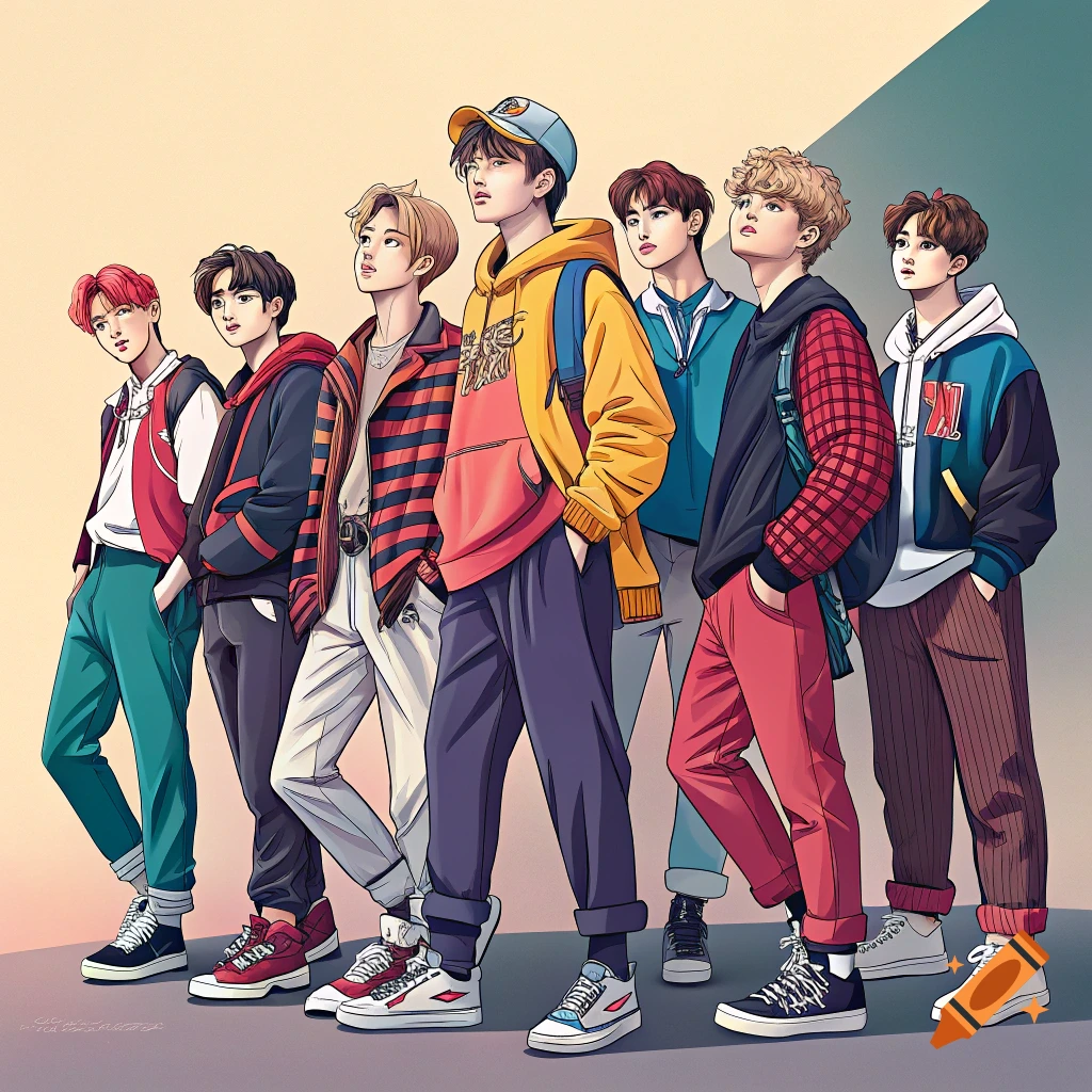 Group of seven young men in colorful streetwear, depicted in anime style.