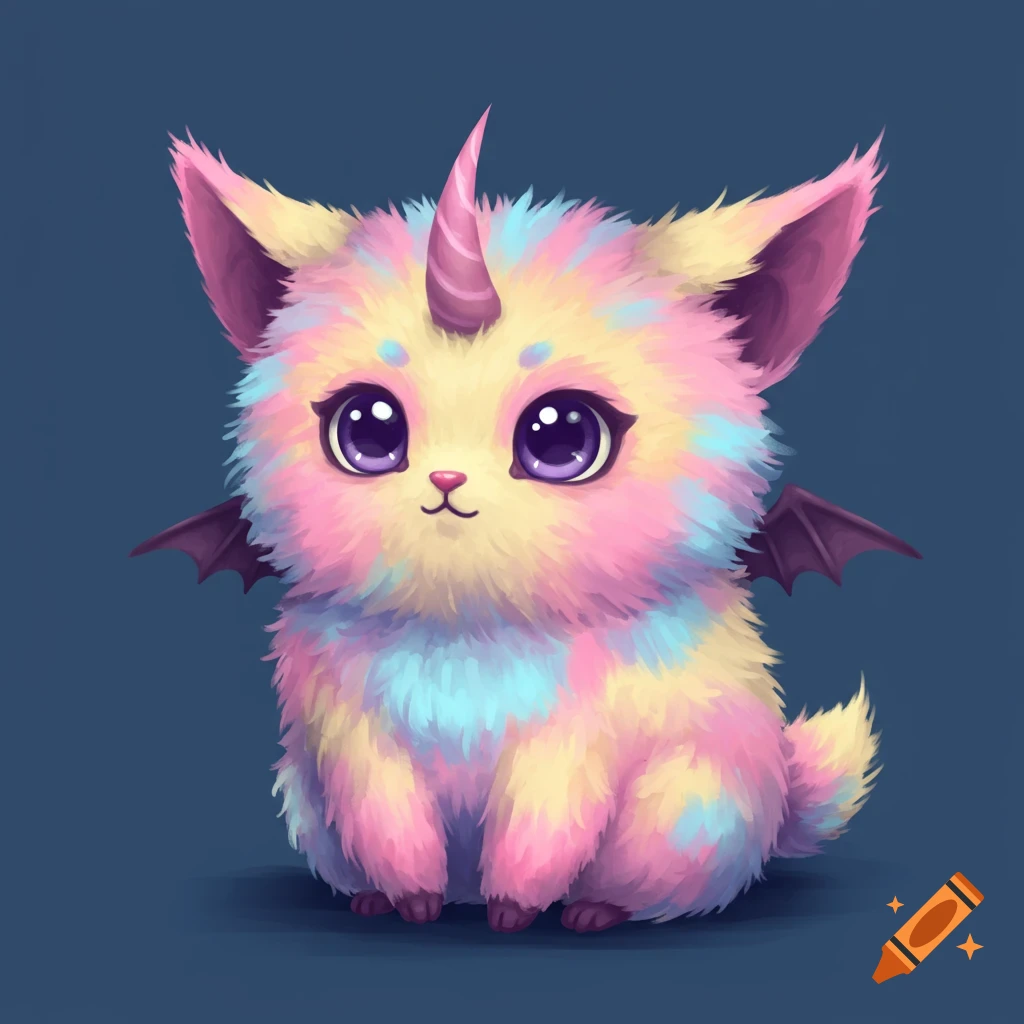 A cute, fluffy fantasy creature with a pink unicorn horn, bat wings, and pastel rainbow fur.