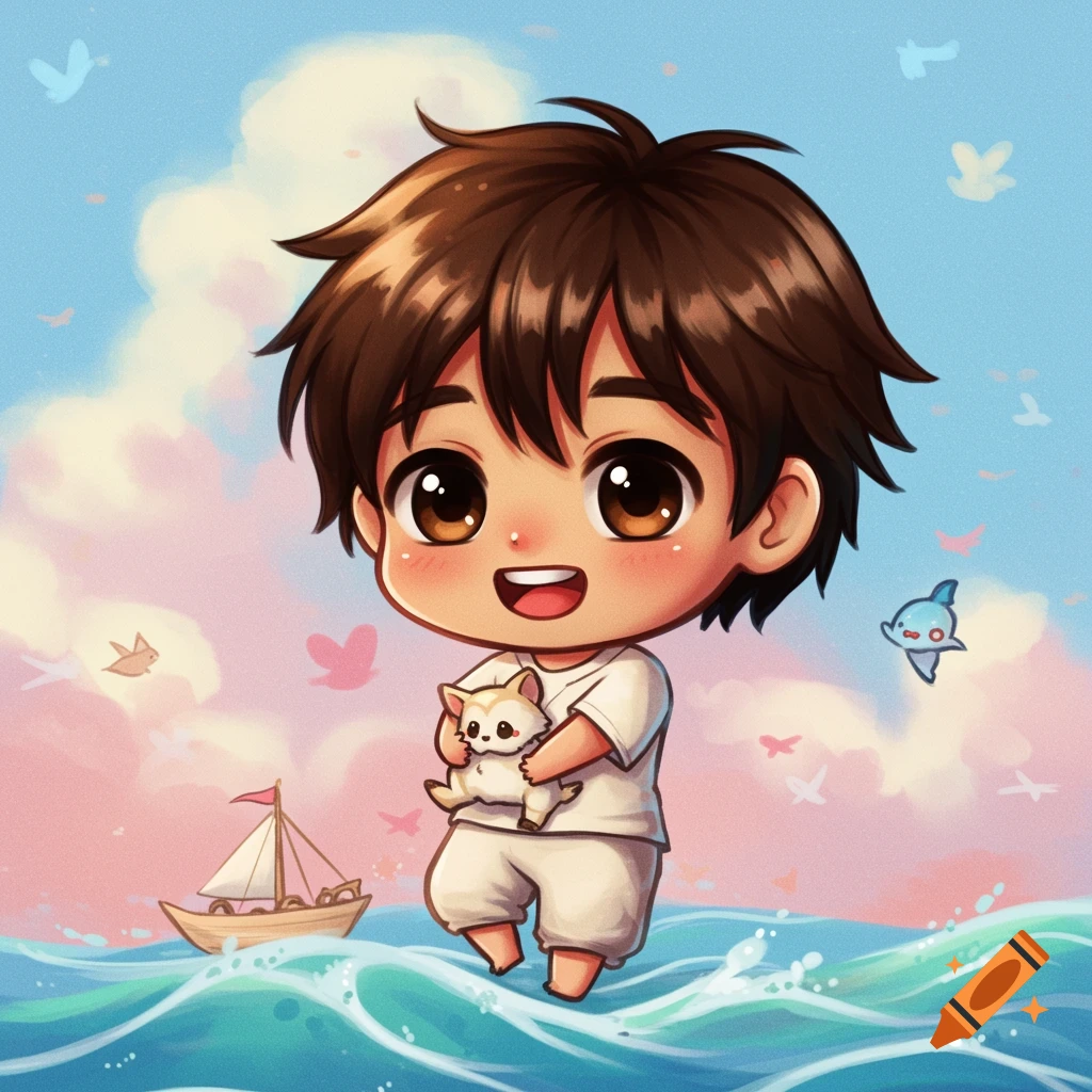A cute chibi boy holds a cat on a boat in a bright anime style illustration of the sea and sky.