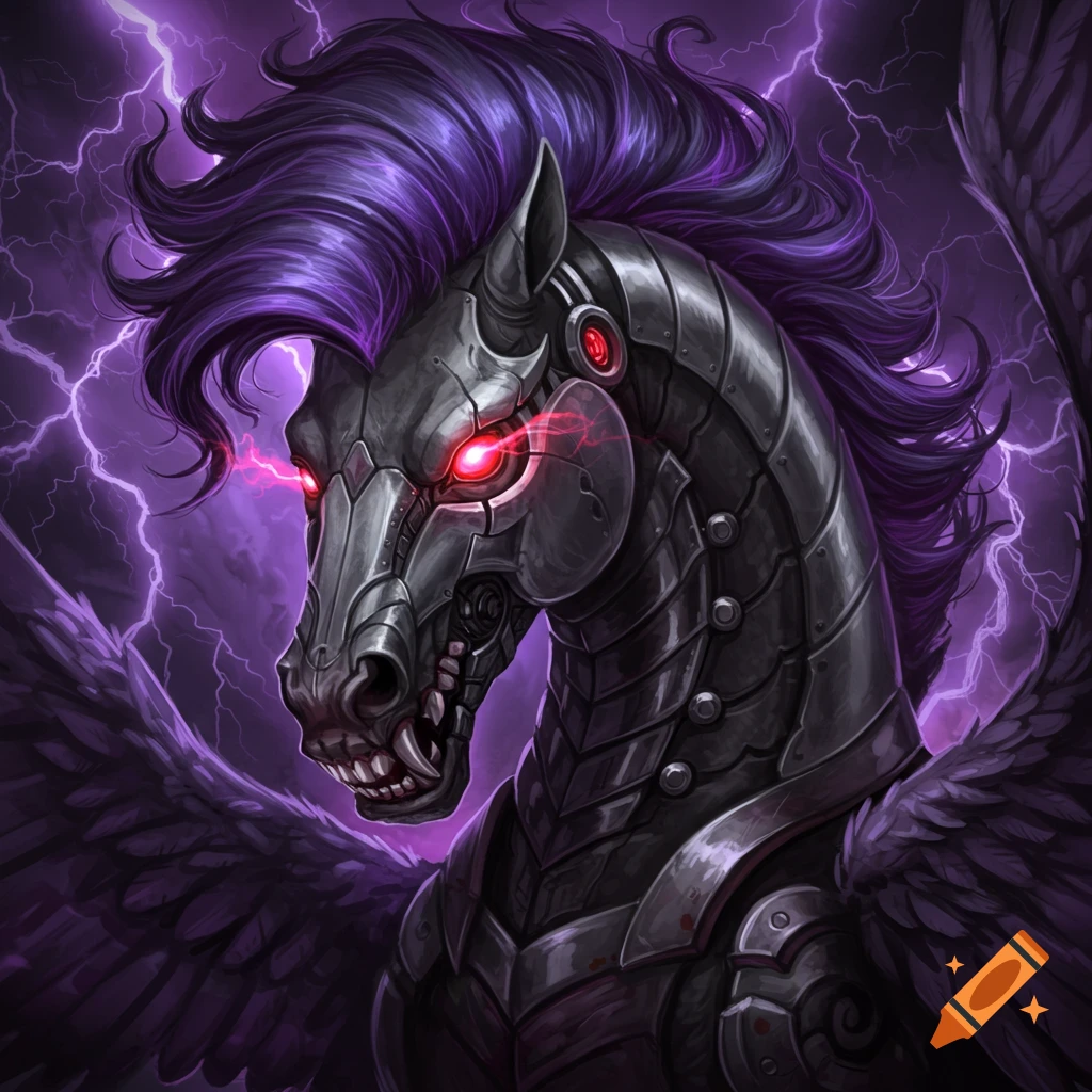 A cyborg pegasus with purple mane, red eyes, metal armor, and lightning in the background.
