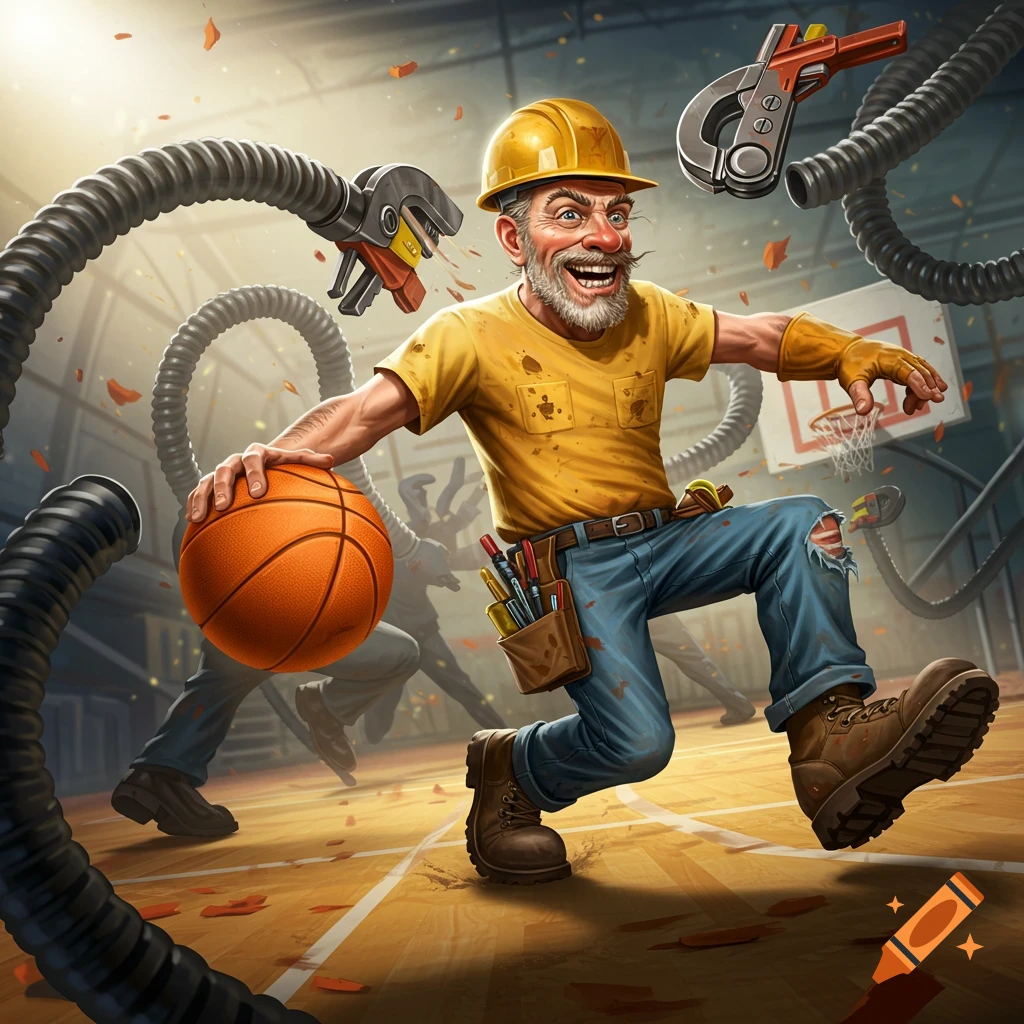 Cartoon construction worker playing basketball attacked by tools