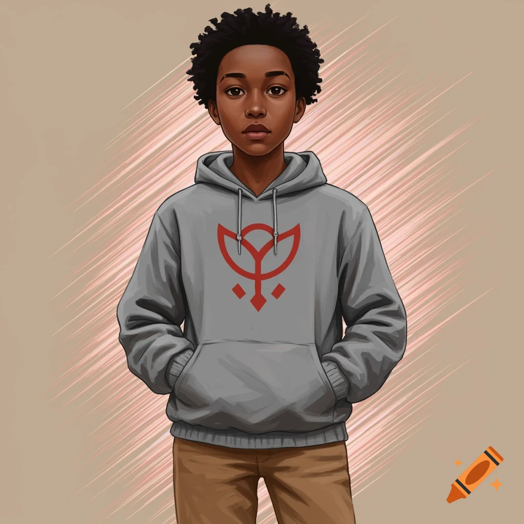 Image of a young boy with an afro wearing a grey hoodie with a red symbol.
