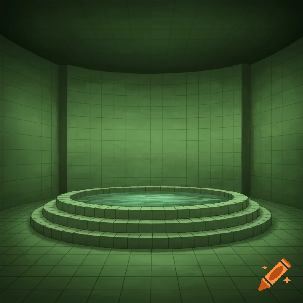 A circular pool with steps in a room tiled with green squares. The room has curved walls.