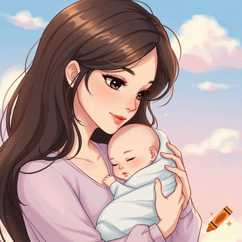 An anime illustration of a mother cradling her baby under a pastel sky