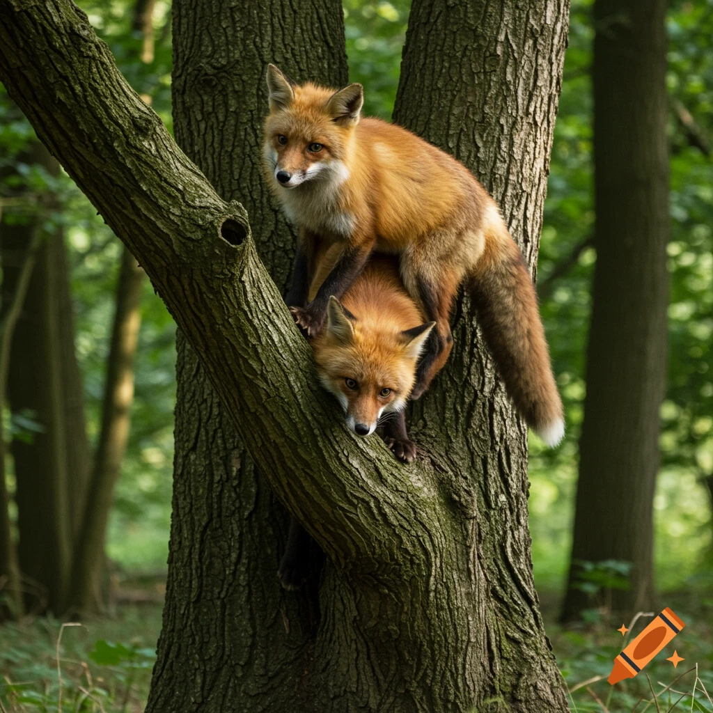 Two red foxes climbing on a tree in a forest. Photorealistic wildlife photography.