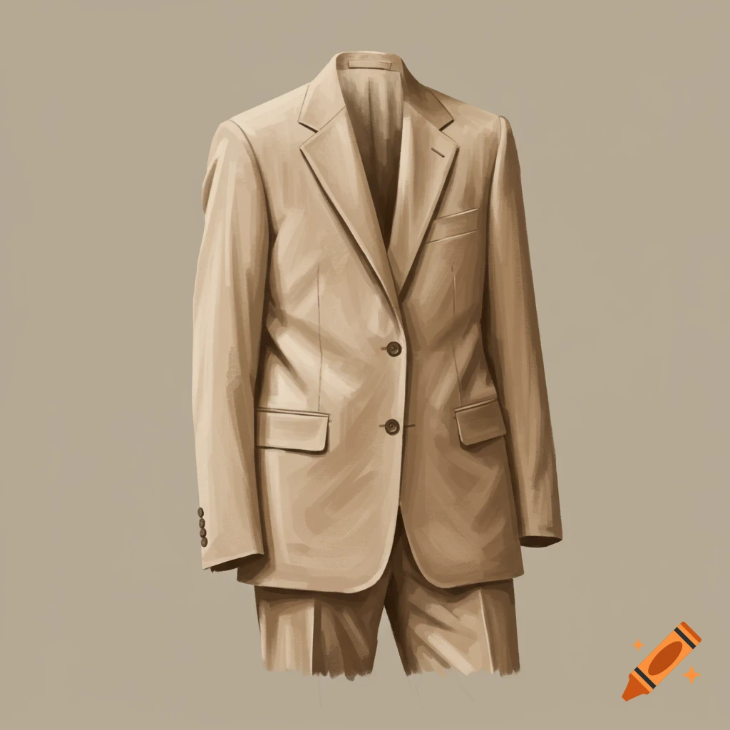 A beige suit jacket and trousers on a neutral background.