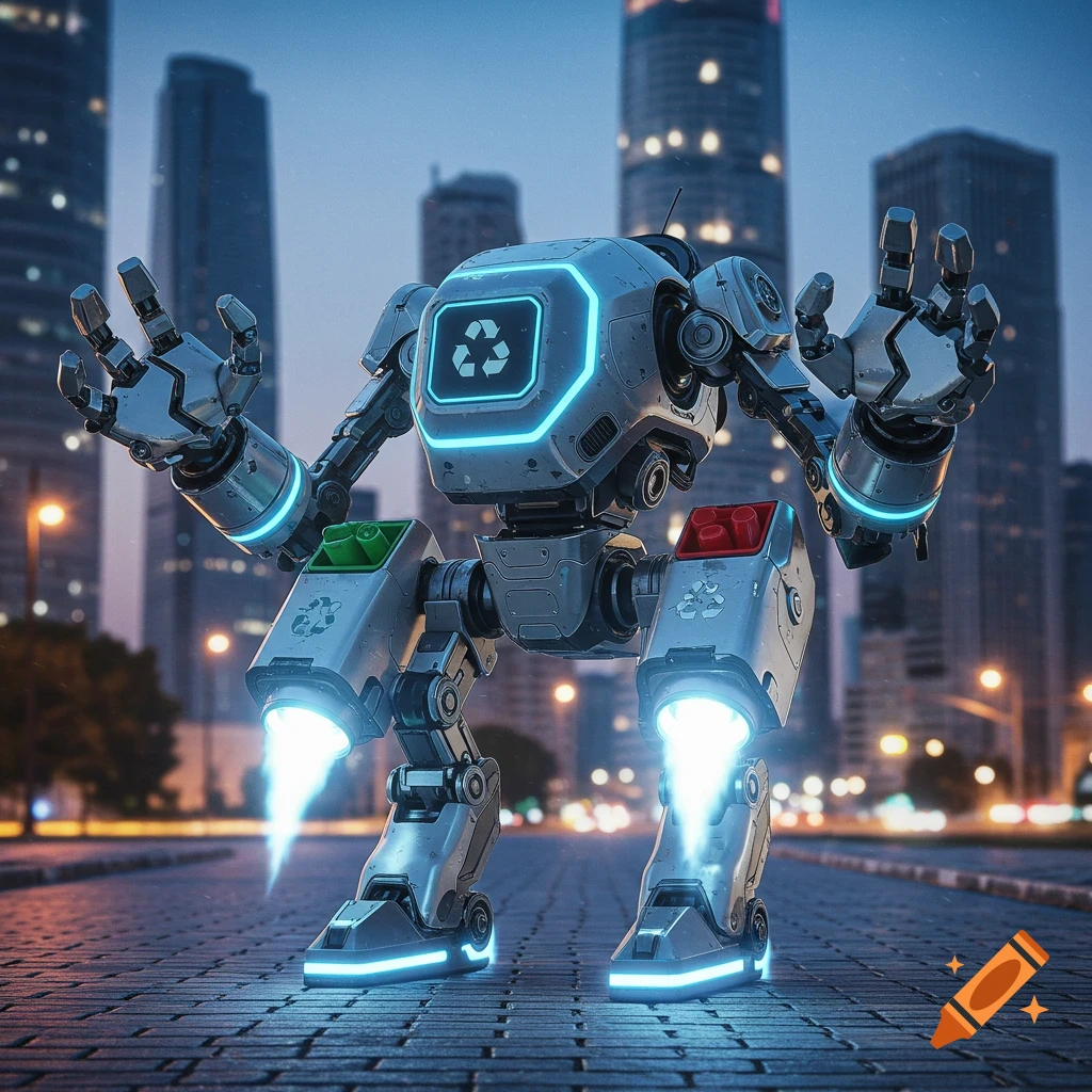 A robot with a recycling symbol and rocket boots stands on a city street at dusk.