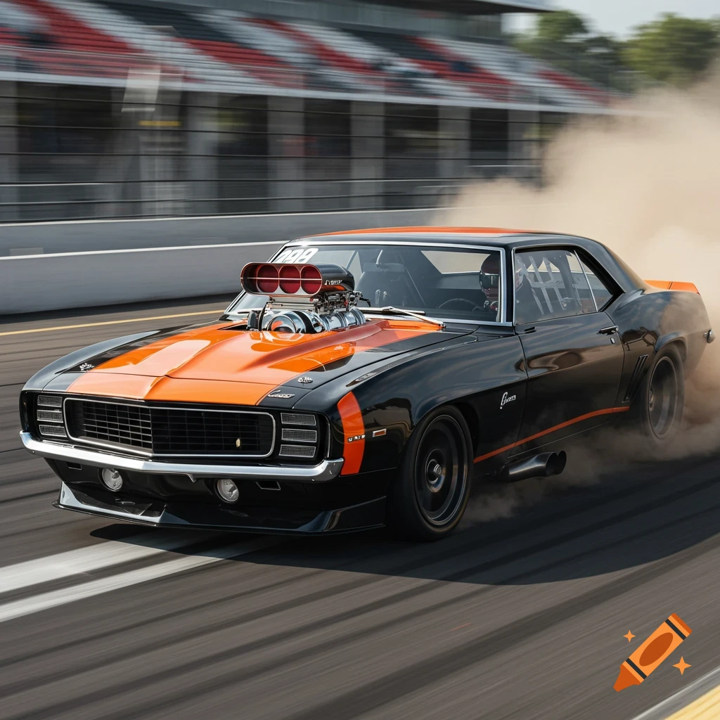 A black and orange Chevy Camaro drag race car doing a burnout on a track.