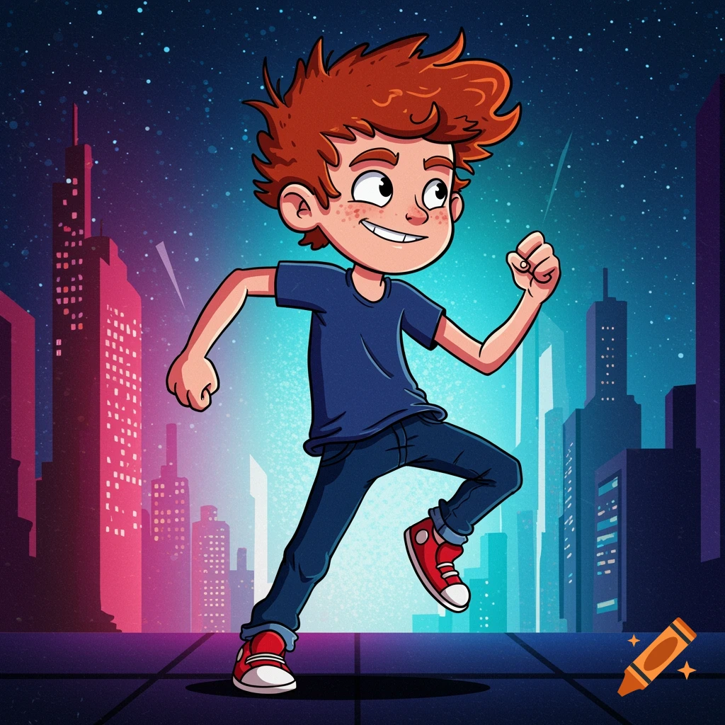 Cartoon boy with red hair running in a stylized city skyline backdrop.