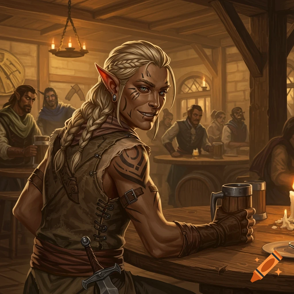 A sand elf rogue with tattoos is sitting at a tavern bar, holding a mug.