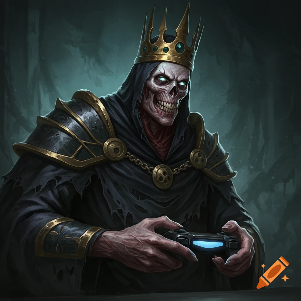 A skeletal king in a crown and armor holding a gaming controller.