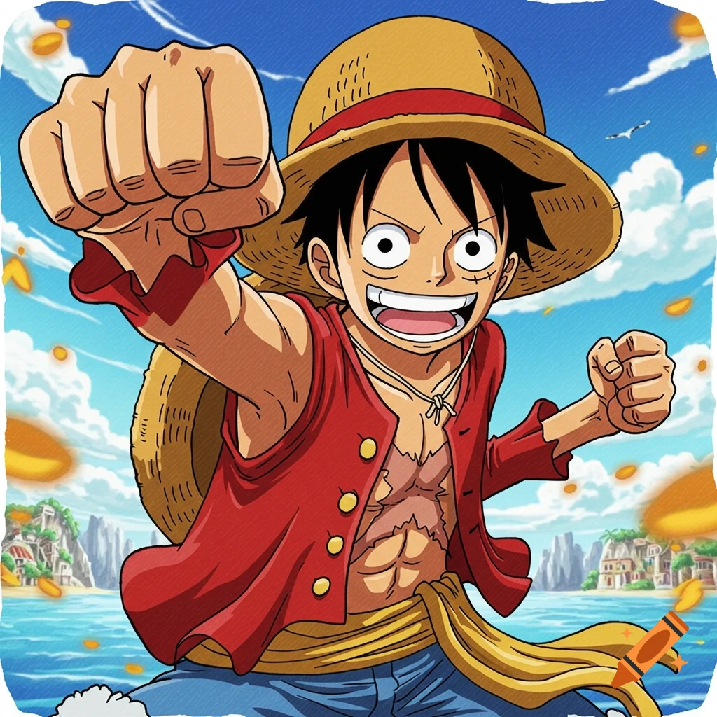 Anime style illustration of Luffy from One Piece punching forward, smiling, with a tropical island background.