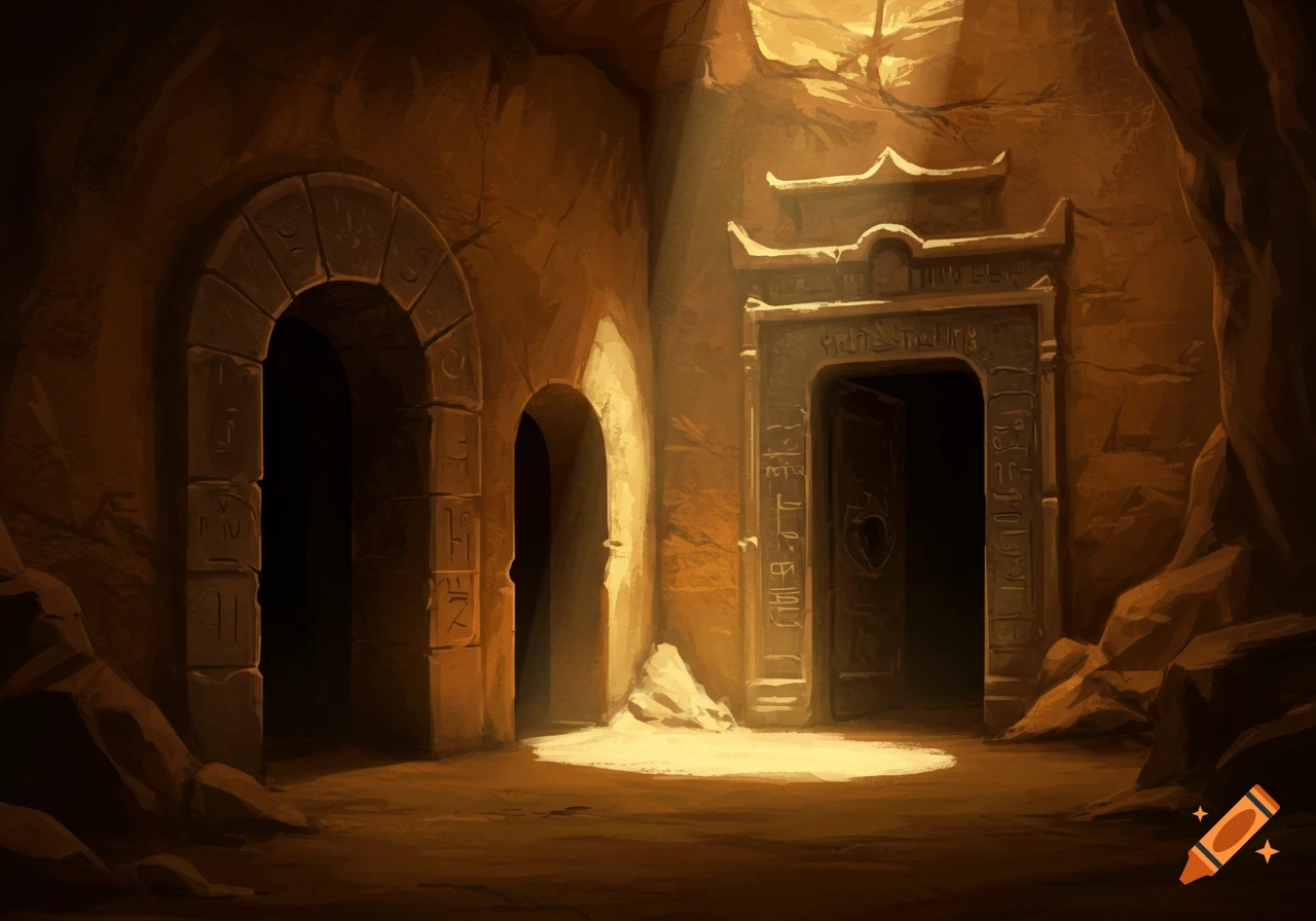 Interior of a cave with carved stone archways and an open doorway, illuminated by rays of light.