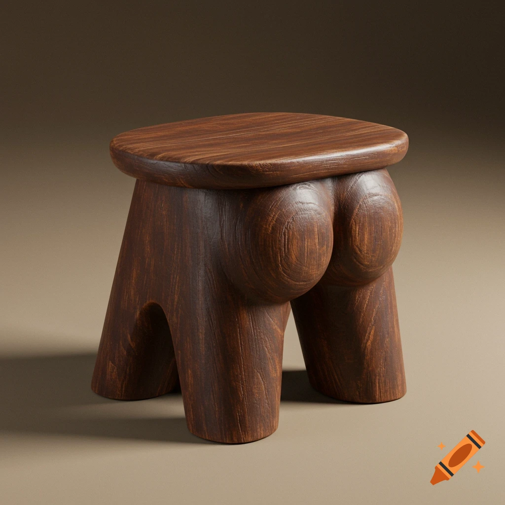 A short brown wooden stool shaped like buttocks.