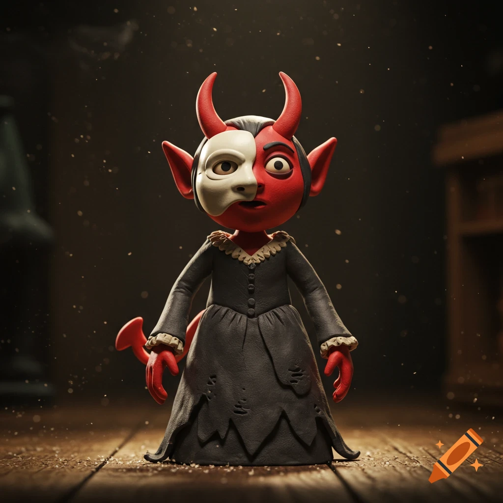 A claymation devil character wearing a half-white mask and a dark Victorian dress stands on a wooden floor.