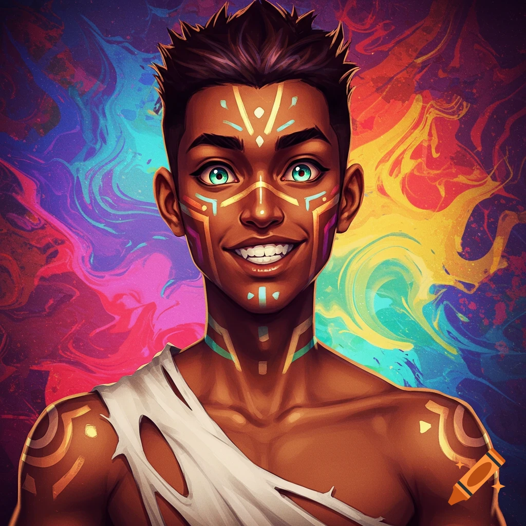 A person with colorful face paint is shown against a vibrant background.